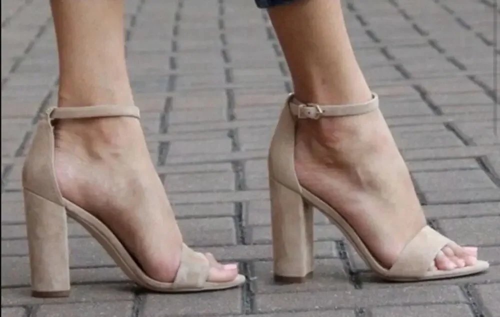 Sam Edelman Tan Suede Neutral Leather Block Heel Ankle Strap Sandals Size 7.5